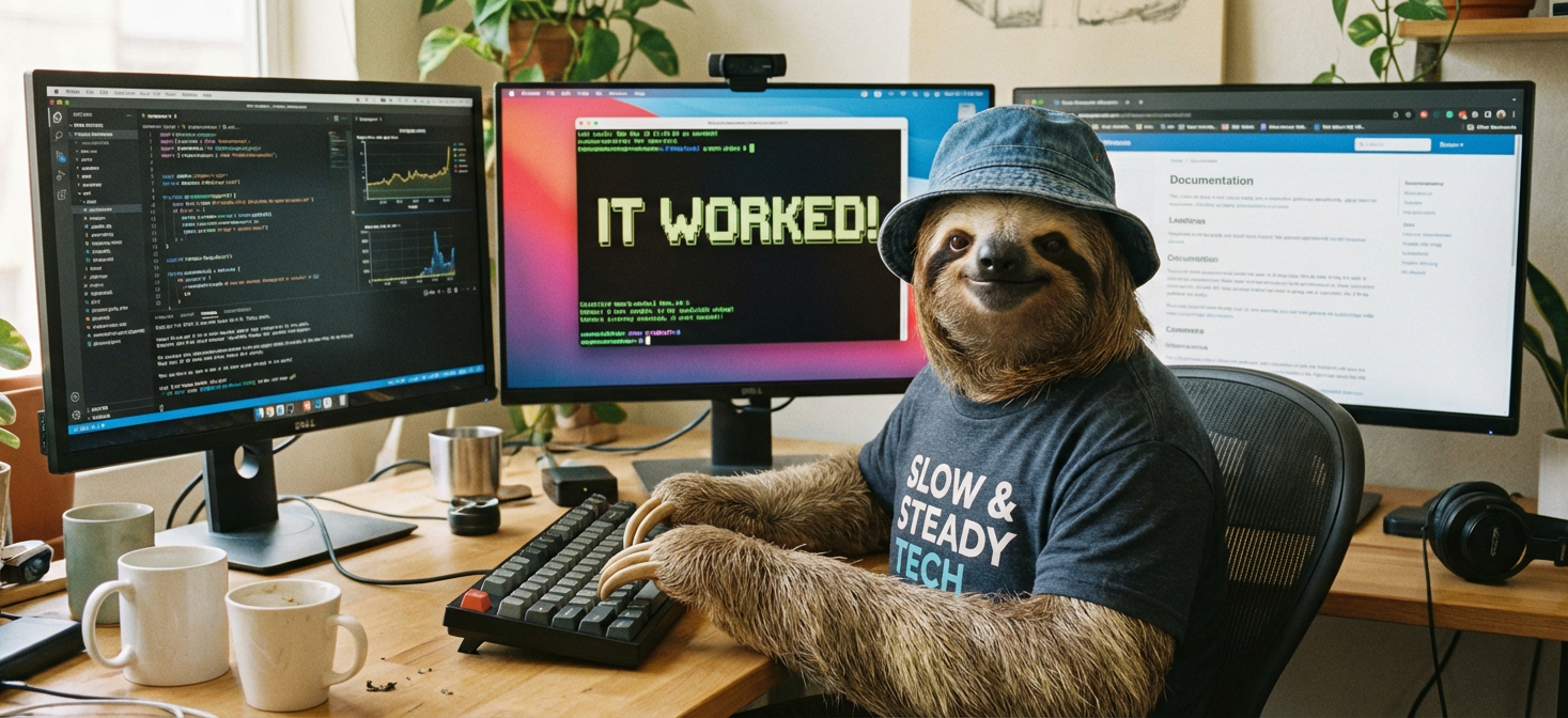 A sloth in a bucket hat at a triple-monitor coding setup, wearing a 'Slow & Steady Tech' t-shirt — the Hey, It Works! mascot.